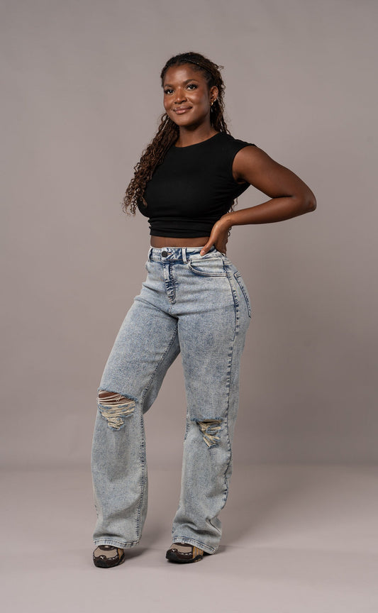 Womens Baggy Ripped Fitjeans - 80s Blue