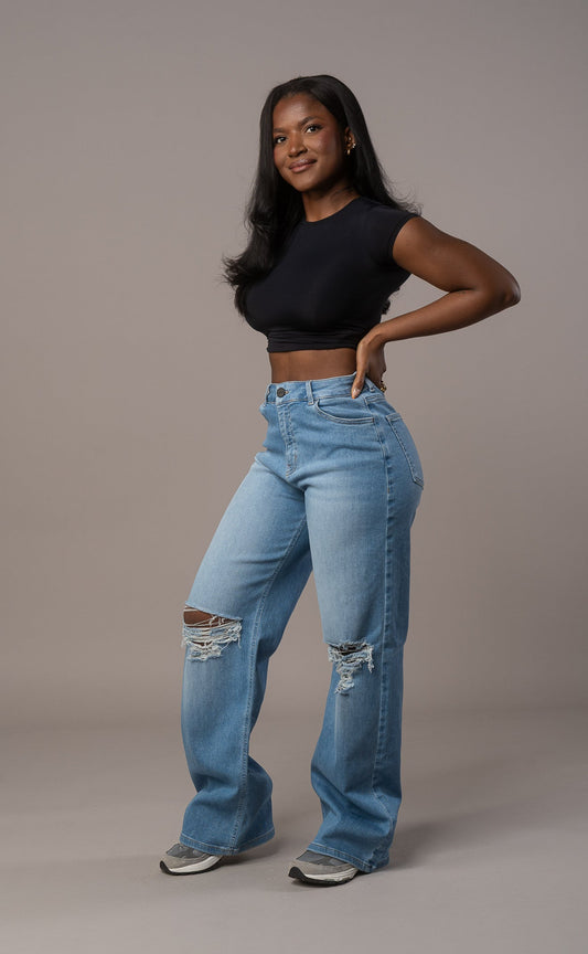 Womens Baggy Ripped Fitjeans - Arctic Light Blue