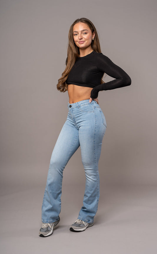 Womens Flared Mid Waisted Fitjeans - Arctic Light Blue