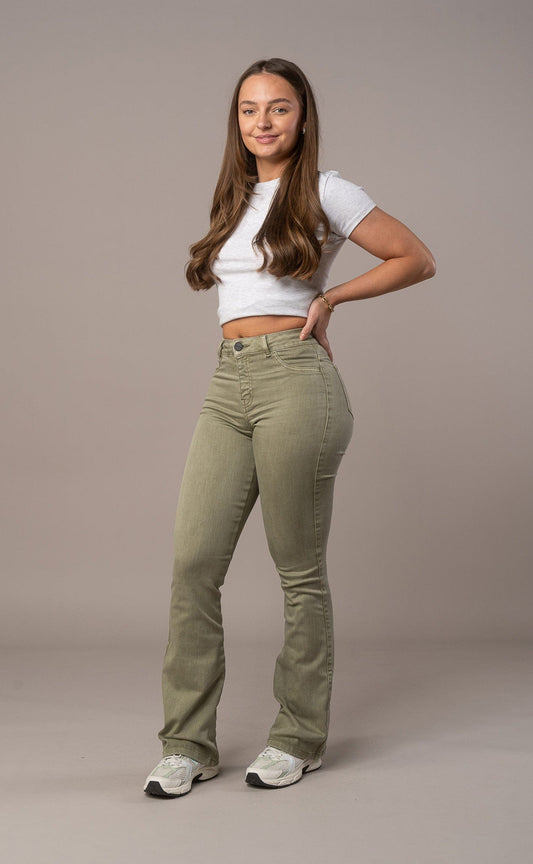 Womens Pastel Flared Mid Waisted Fitjeans - Khaki