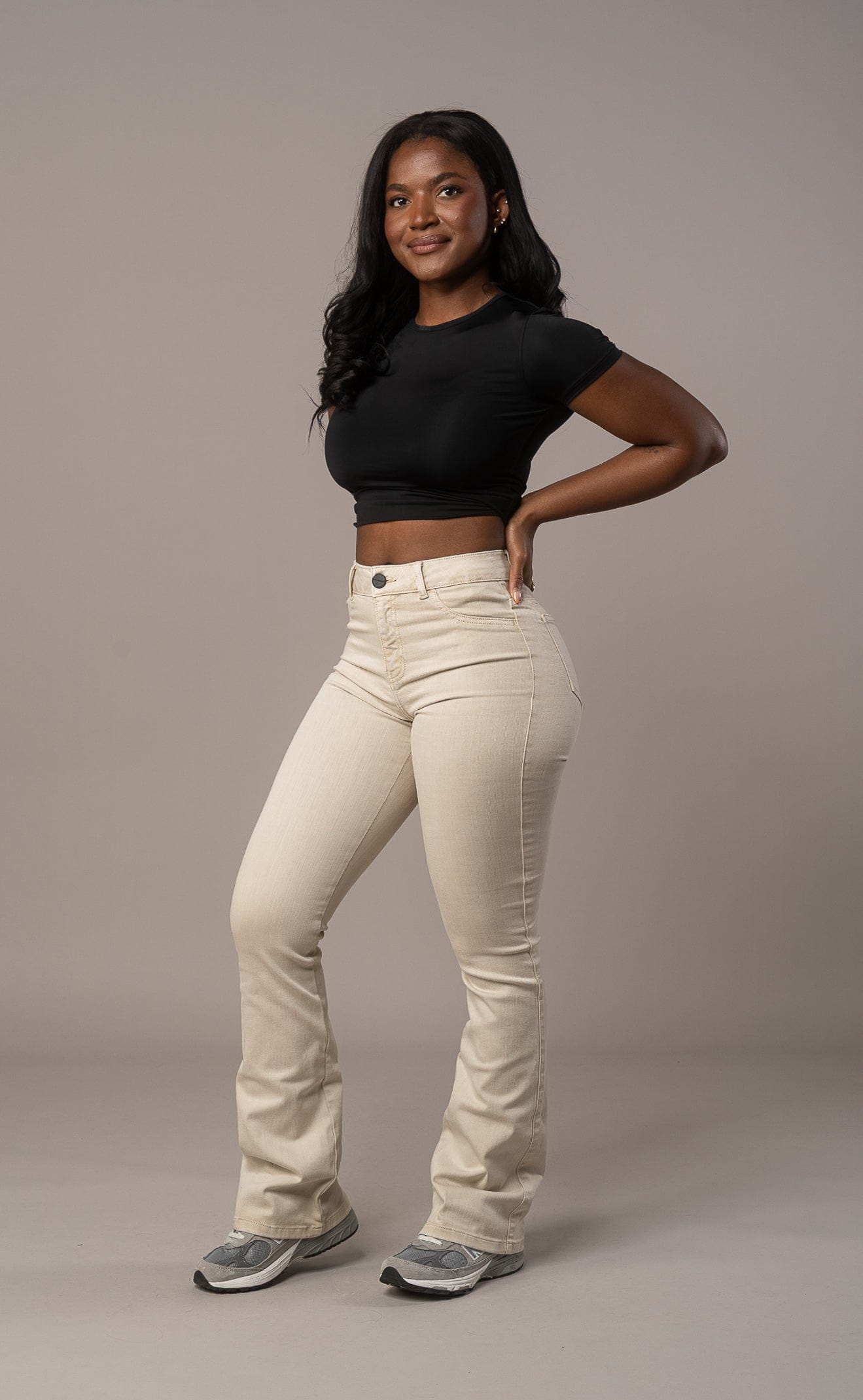 Womens Pastel Flared Mid Waisted Fitjeans - Sand
