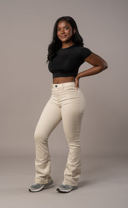 Womens Pastel Flared Mid Waisted Fitjeans - Sand