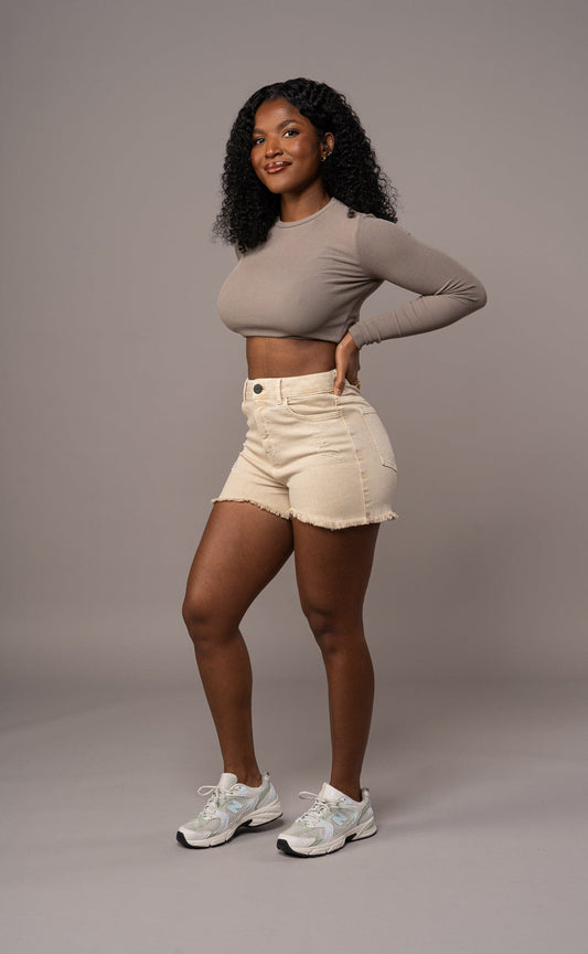 Womens Pastel Fitjeans Ripped Shorts - Sand